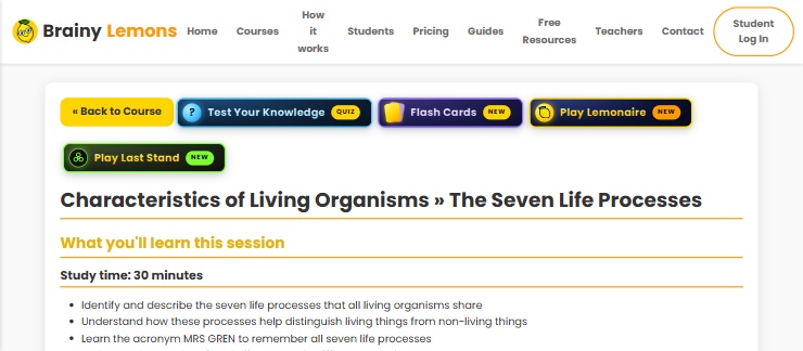 The Flash Cards button at the top of an IGCSE Biology lesson, next to the quiz and game buttons
