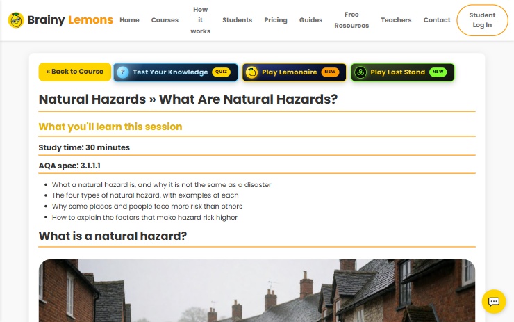 An AQA GCSE Geography lesson on natural hazards showing the study time, the AQA spec reference and what you'll learn