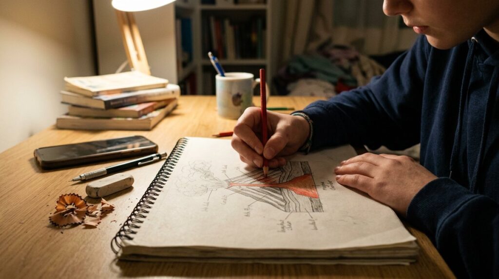 Close-up of a student's hands drawing a labelled volcano diagram with coloured pencils for an online GCSE course