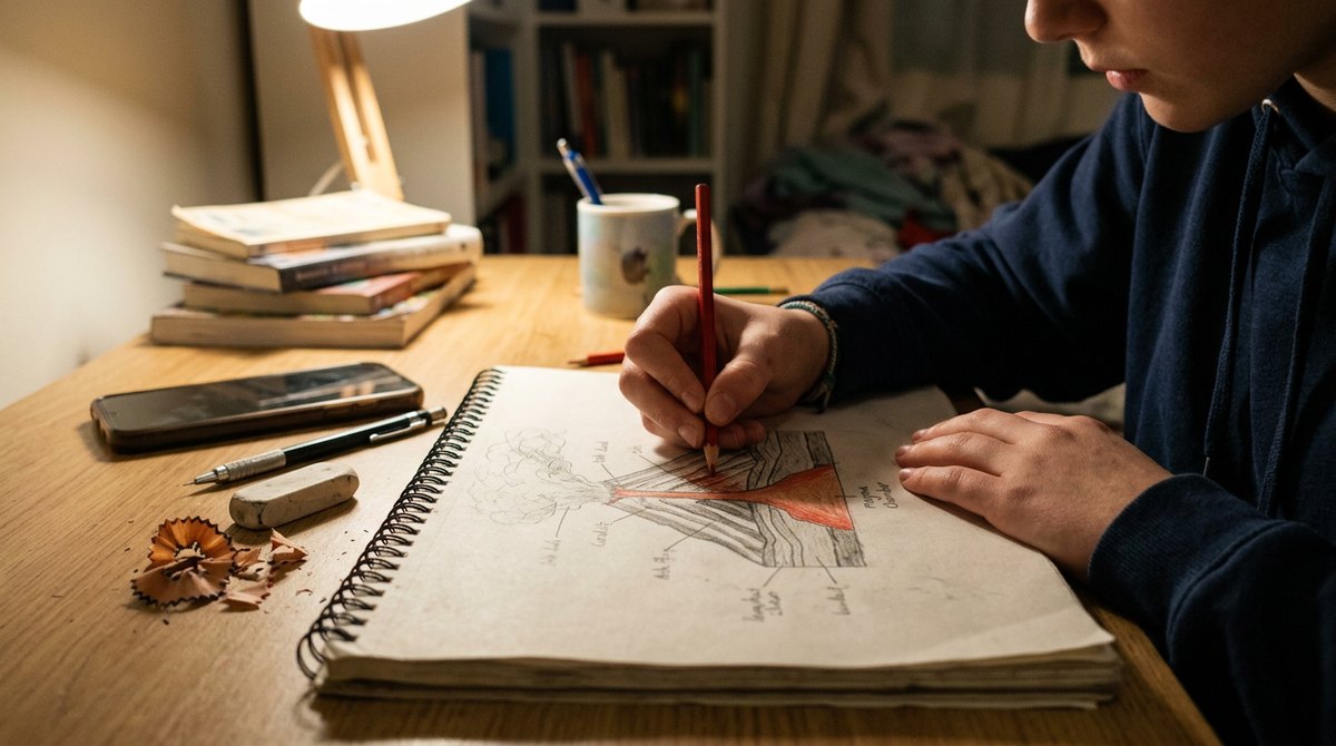 Close-up of a student's hands drawing a labelled volcano diagram with coloured pencils for an online GCSE course