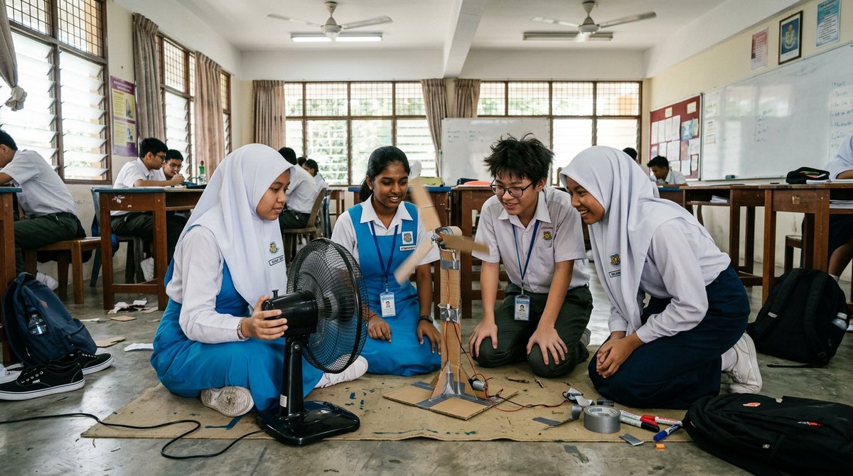 Four IGCSE students in Kuala Lumpur testing a model wind turbine they built together