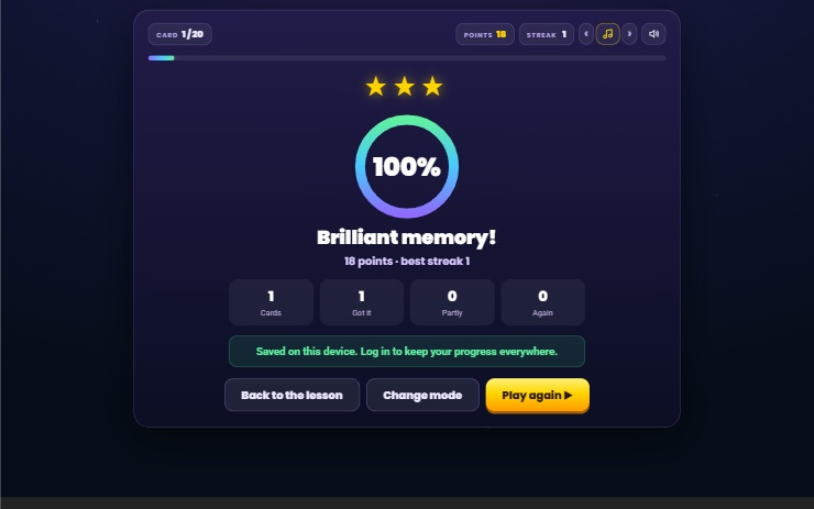 Flash card results screen with three stars, 100 percent and the points scored