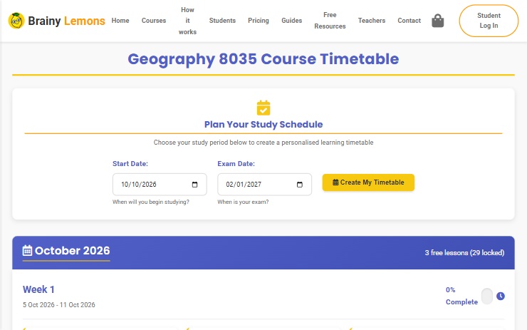 The Geography 8035 course timetable where you choose a start date and exam date to plan your study