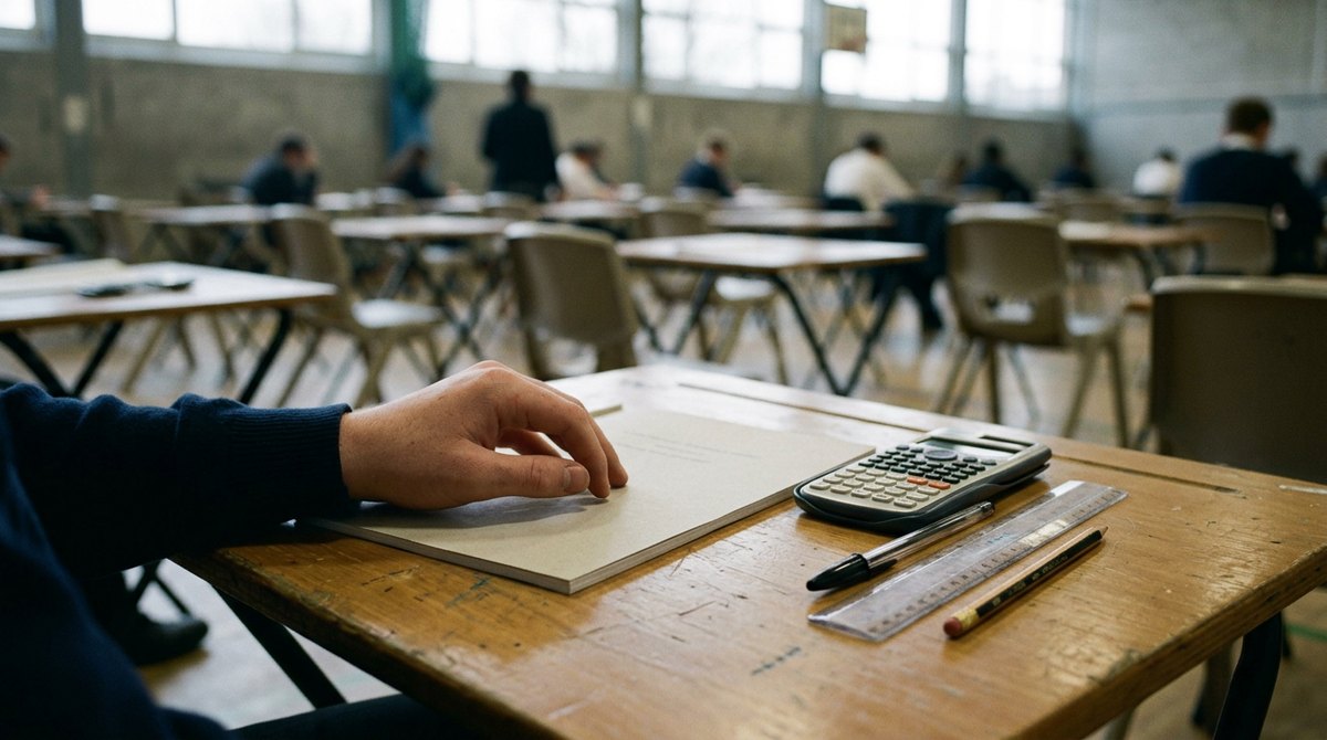 A calculator, ruler, pen and pencil on a desk in a GCSE chemistry exam hall
