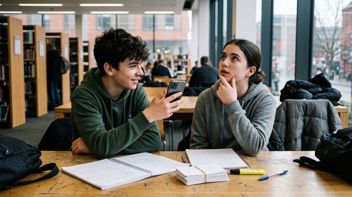 Two GCSE students revising chemistry together in a library, one quizzing the other from a phone