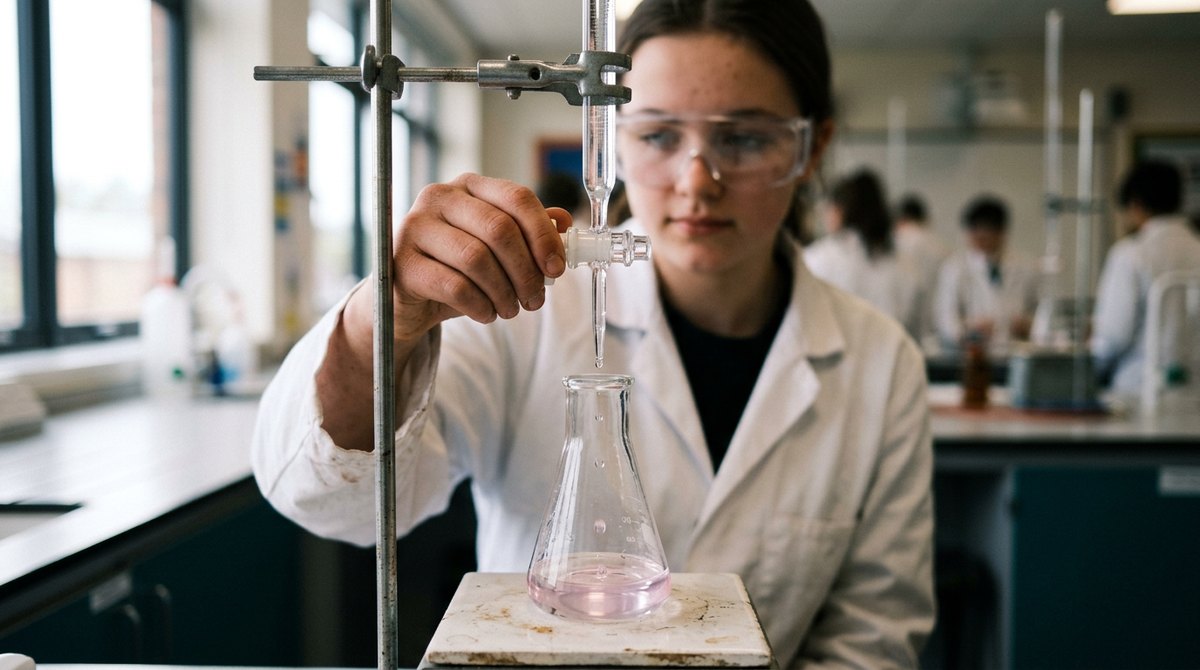 A GCSE chemistry student in goggles doing a titration, the liquid in the flask turning pink