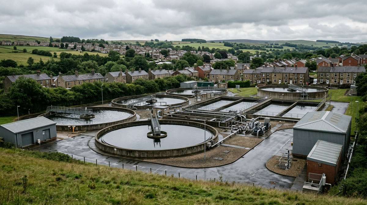 A water treatment works with settling tanks and filter beds, part of the GCSE chemistry using resources topic