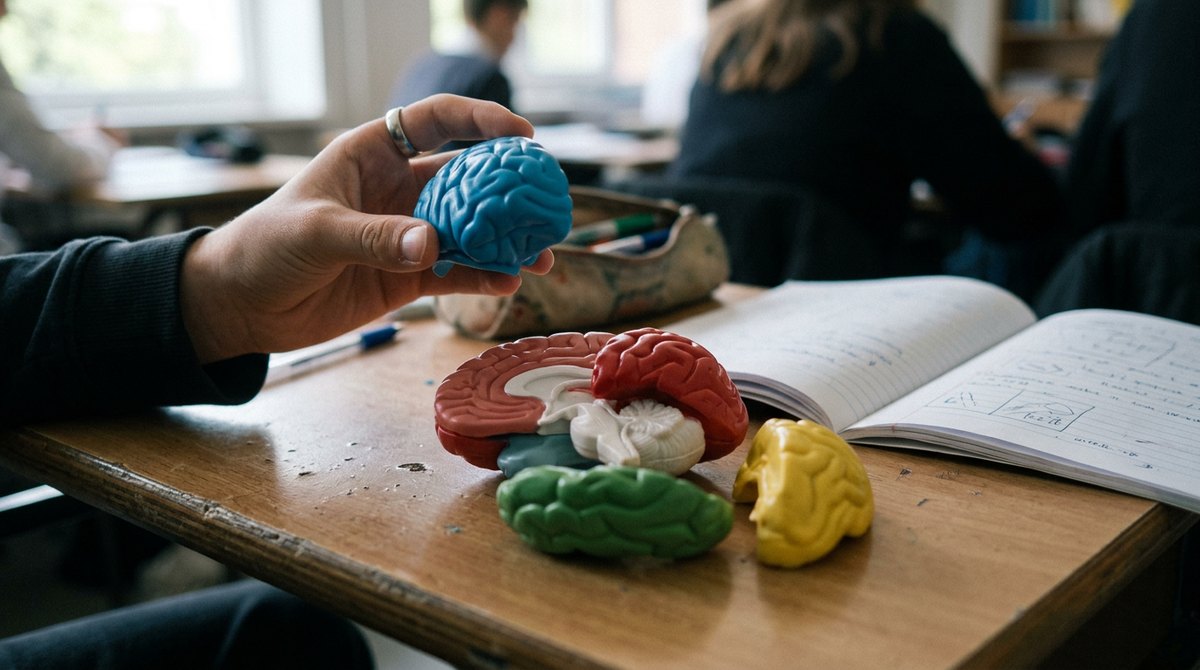 A student holding one lobe of a model brain on a school desk while learning brain and neuropsychology