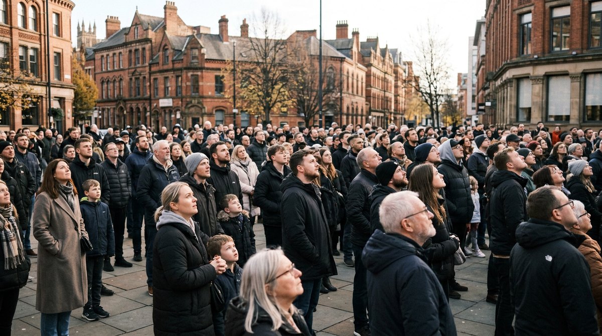 A crowd in a city square all looking up at the same thing, an everyday example of social influence in GCSE Psychology