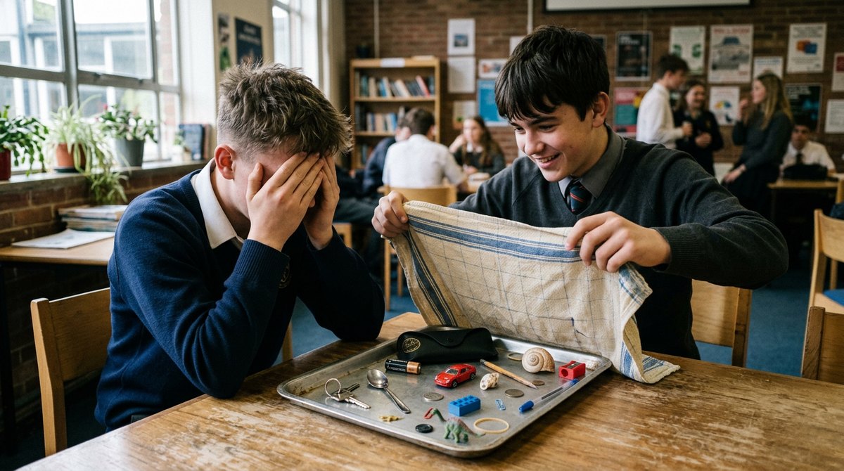 Two students doing a tray memory test, the kind of simple experiment you meet in AQA GCSE Psychology