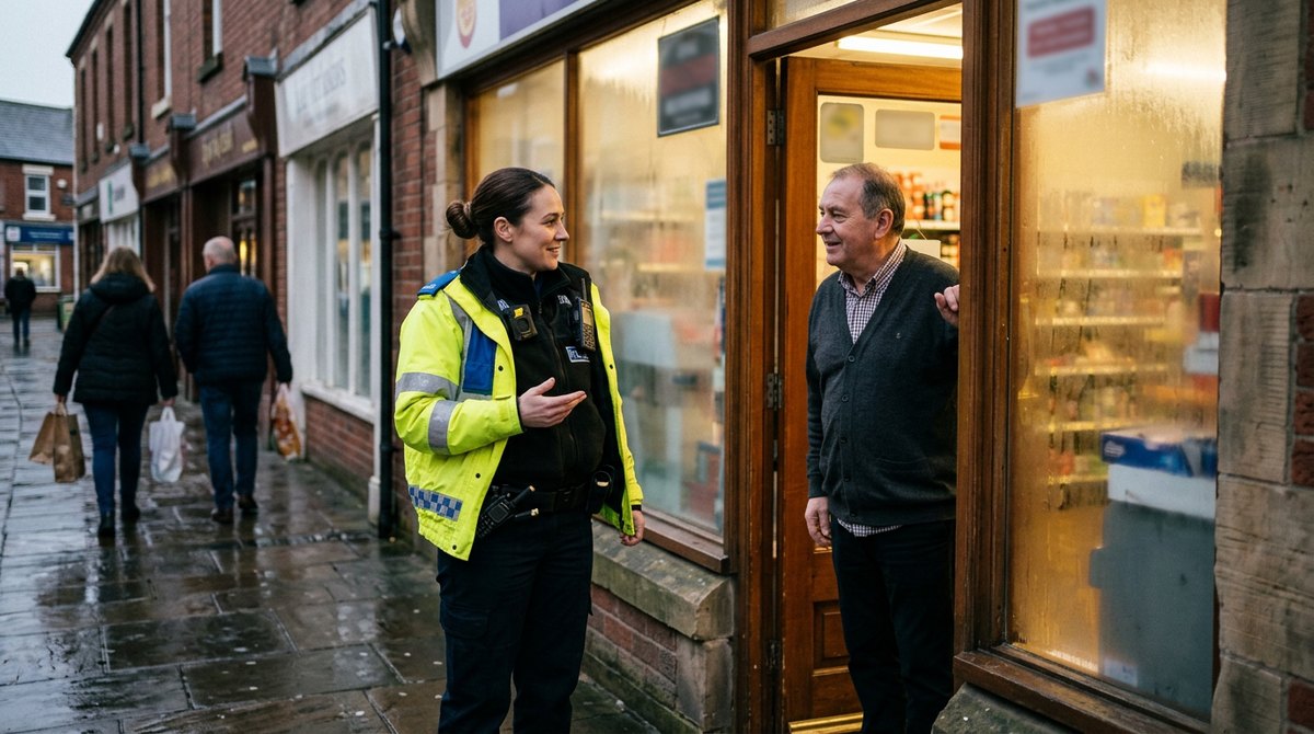 A police community support officer chatting with a shopkeeper on a high street, an example of formal social control