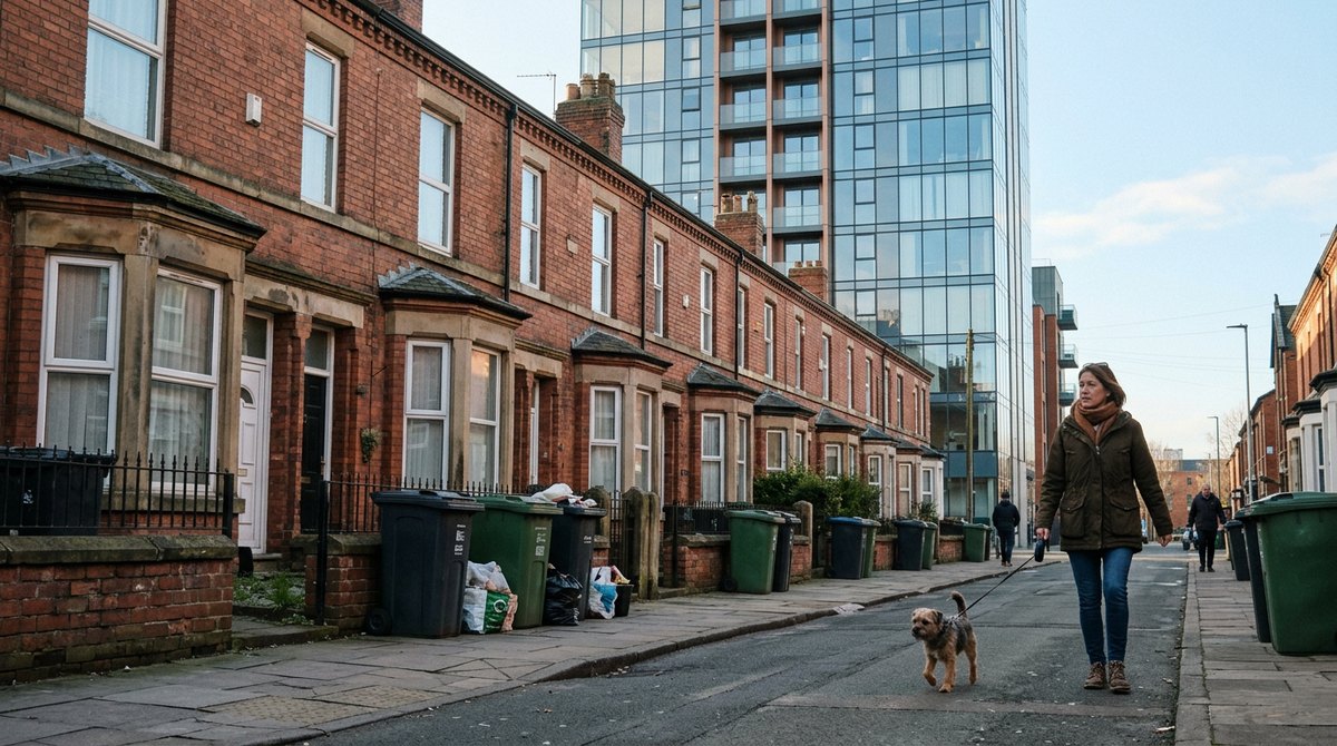 Victorian terraces with a new glass tower behind them, a picture of social stratification