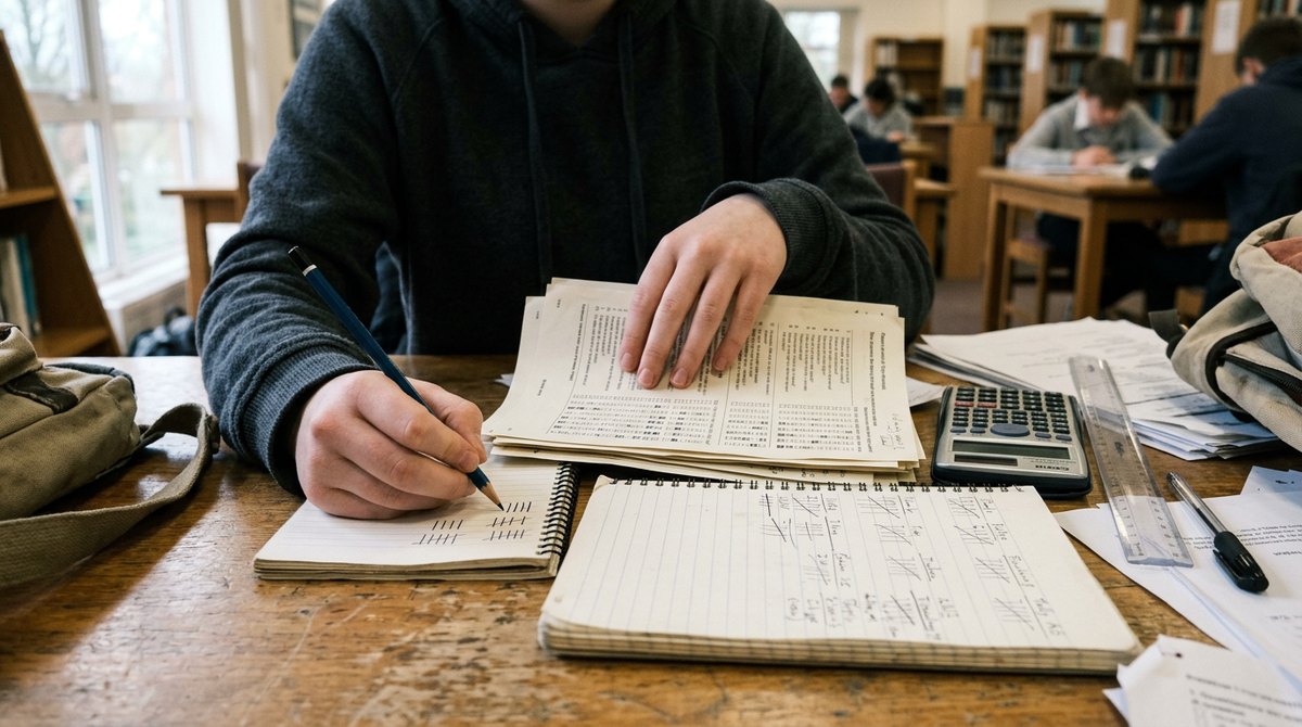 A student tallying answers from paper questionnaires in a library, one of the research methods in GCSE Sociology