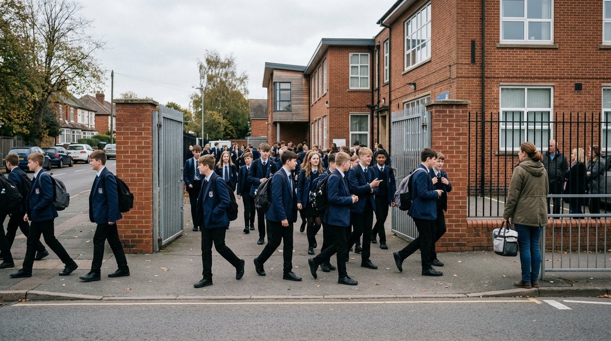 Secondary school pupils in blazers leaving through the school gates, a scene from the education topic in AQA GCSE Sociology