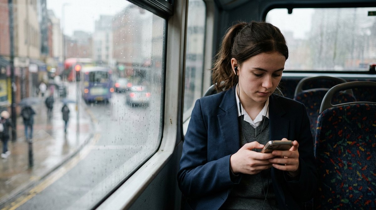 A GCSE student in school uniform answering revision questions on her phone on the top deck of a bus