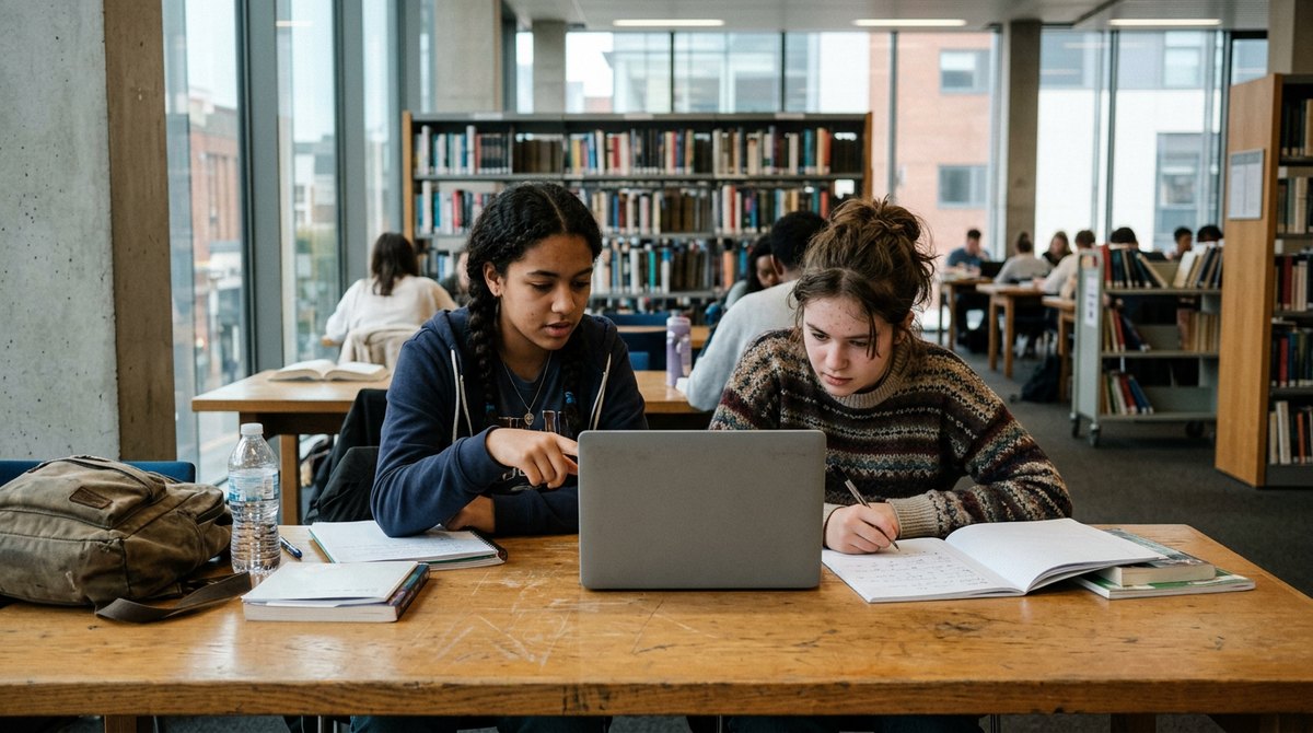 Two GCSE students sharing a laptop and making notes at a table in a public library