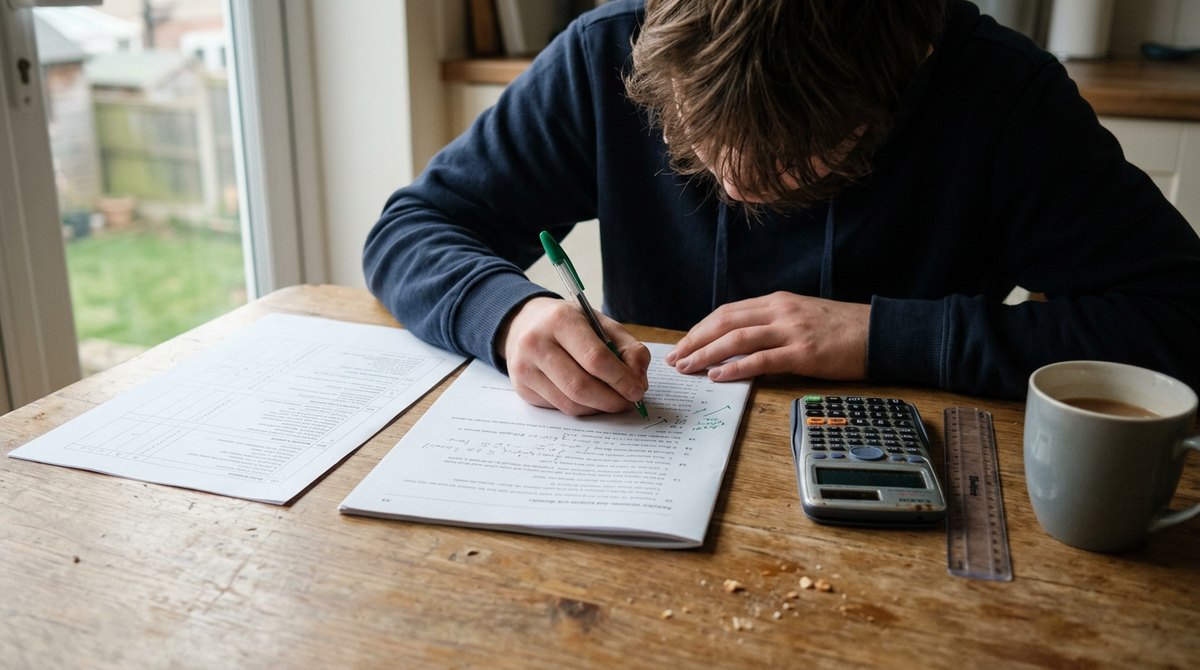 A student marking a GCSE practice paper in green pen with the mark scheme, calculator and ruler beside it