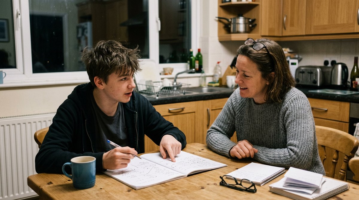 A GCSE student explaining a revision topic from his exercise book to his mum at the kitchen table
