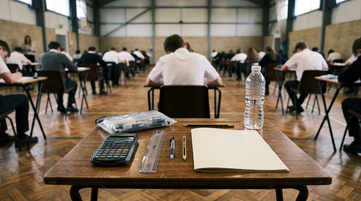 A desk set up for the Edexcel IGCSE Biology papers with a calculator, ruler, pens and an answer booklet