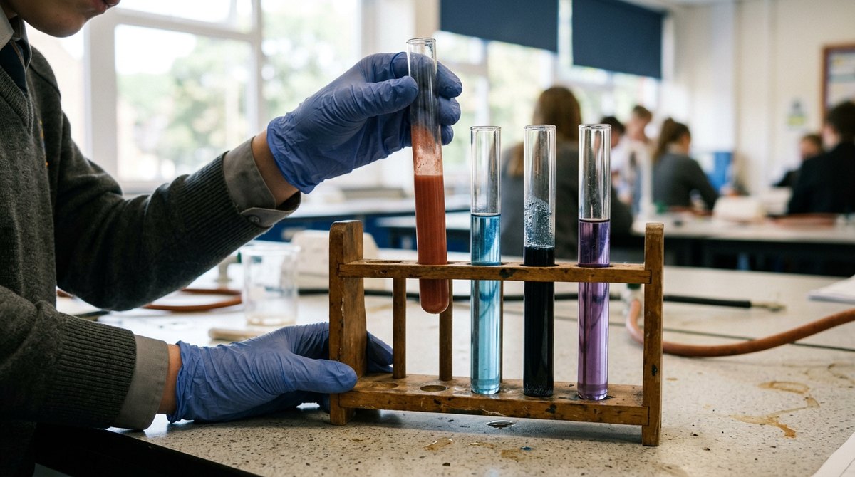 Food test results for IGCSE Biology: brick-red Benedict's, blue, blue-black iodine and purple biuret test tubes in a rack