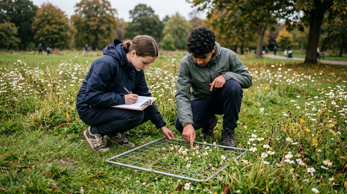 Two students placing a quadrat on a park meadow for a sampling practical