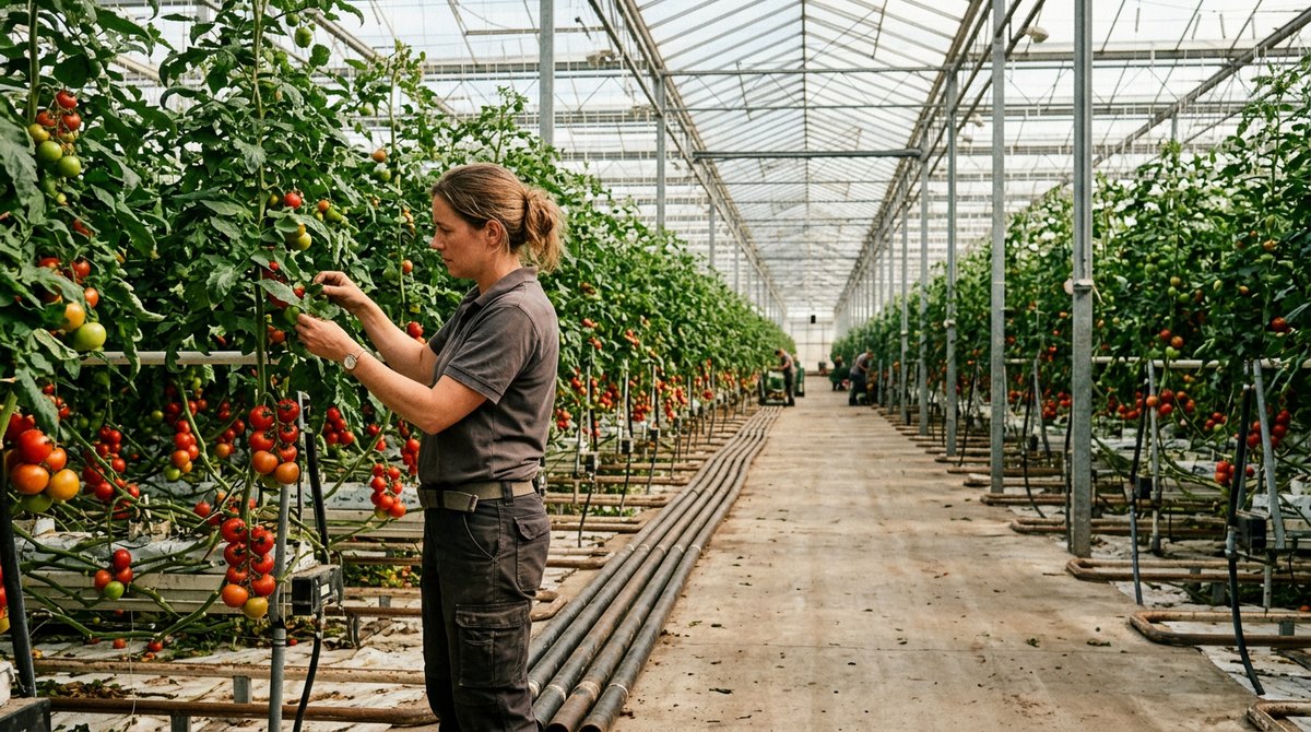 A grower checking tomato plants in a commercial glasshouse, a food production example from Edexcel IGCSE Biology