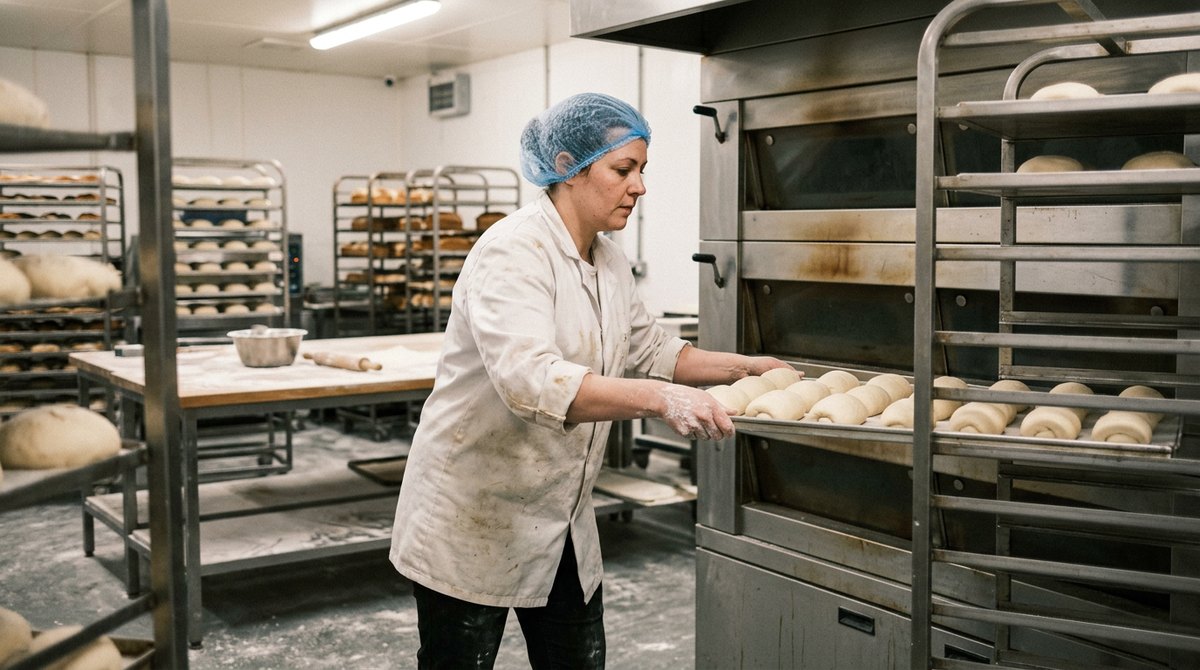 A bakery worker loading a tray of identical bread rolls onto a rack, an example of batch production