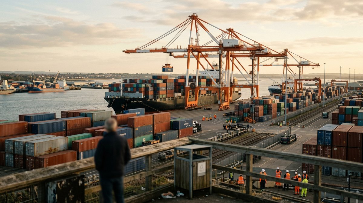 Cranes loading shipping containers onto a cargo ship at a busy port, showing international trade in IGCSE Business