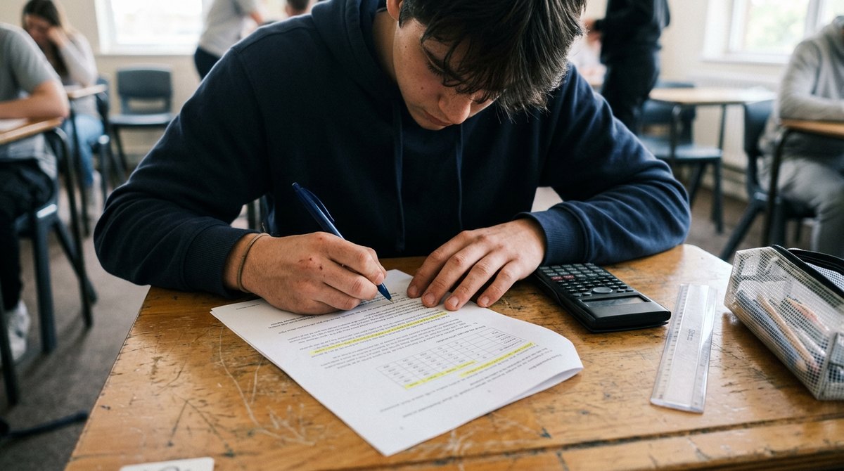A student highlighting a case study with a calculator and ruler on the desk during an IGCSE Business exam