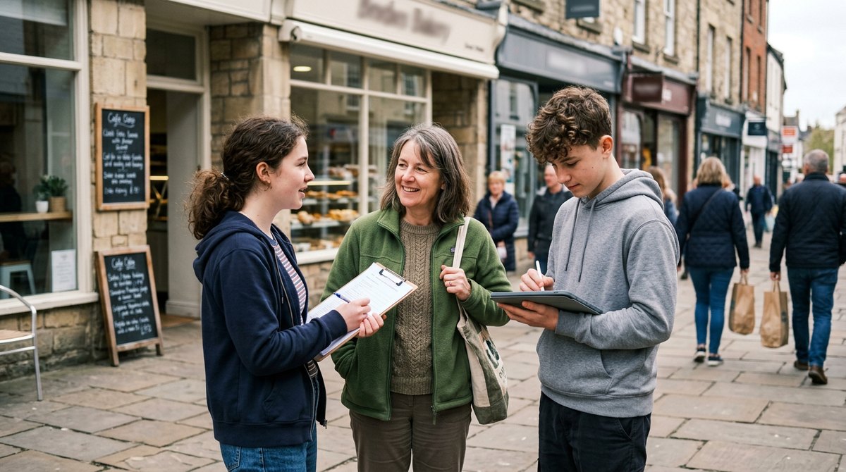 Two teenage students asking a shopper survey questions on a high street, primary market research for Edexcel IGCSE Business