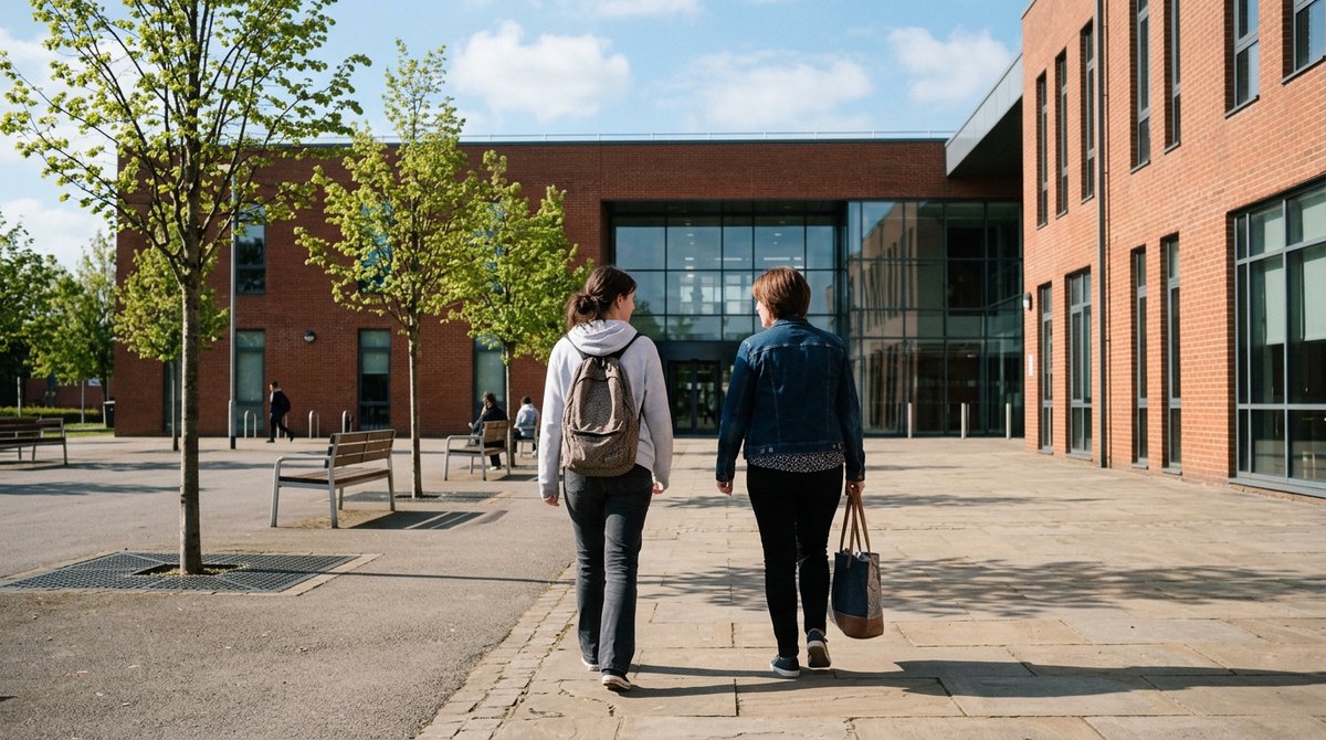 A student and her mum walking up to a further education college that takes private candidates for GCSE exams
