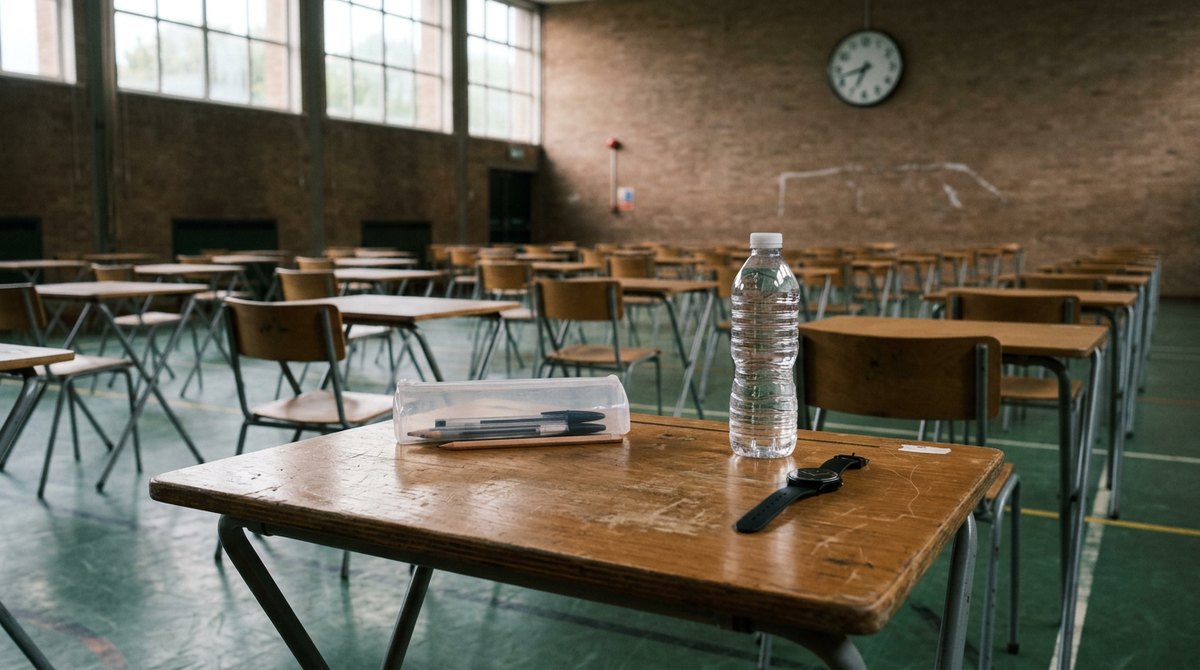 An exam desk with a clear pencil case, pens and a watch, ready for a GCSE Psychology exam in a sports hall