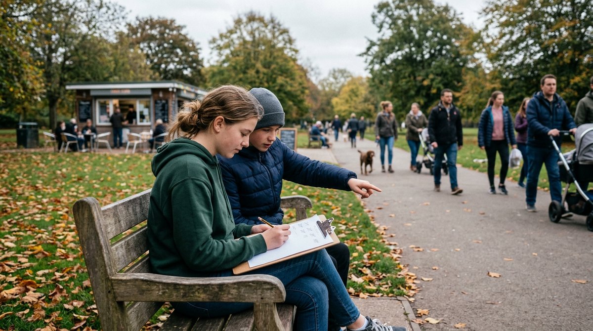 Two GCSE Psychology students on a park bench doing an observation study, tallying people walking past