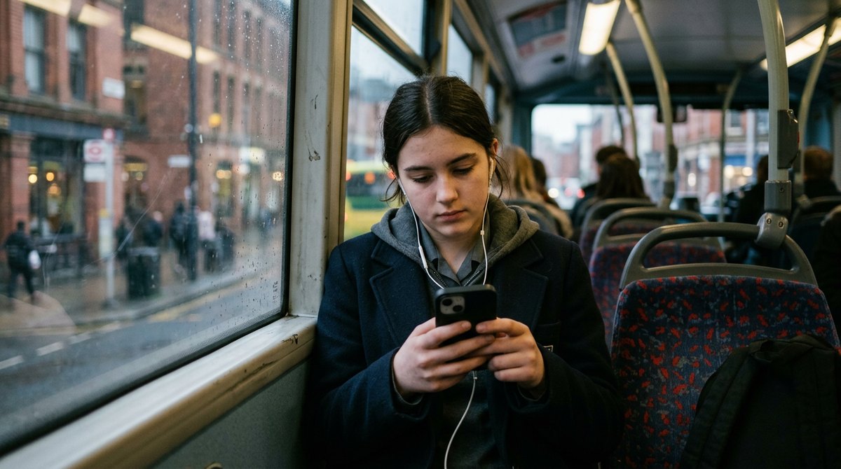 A GCSE Sociology student revising on her phone on a city bus on the way home
