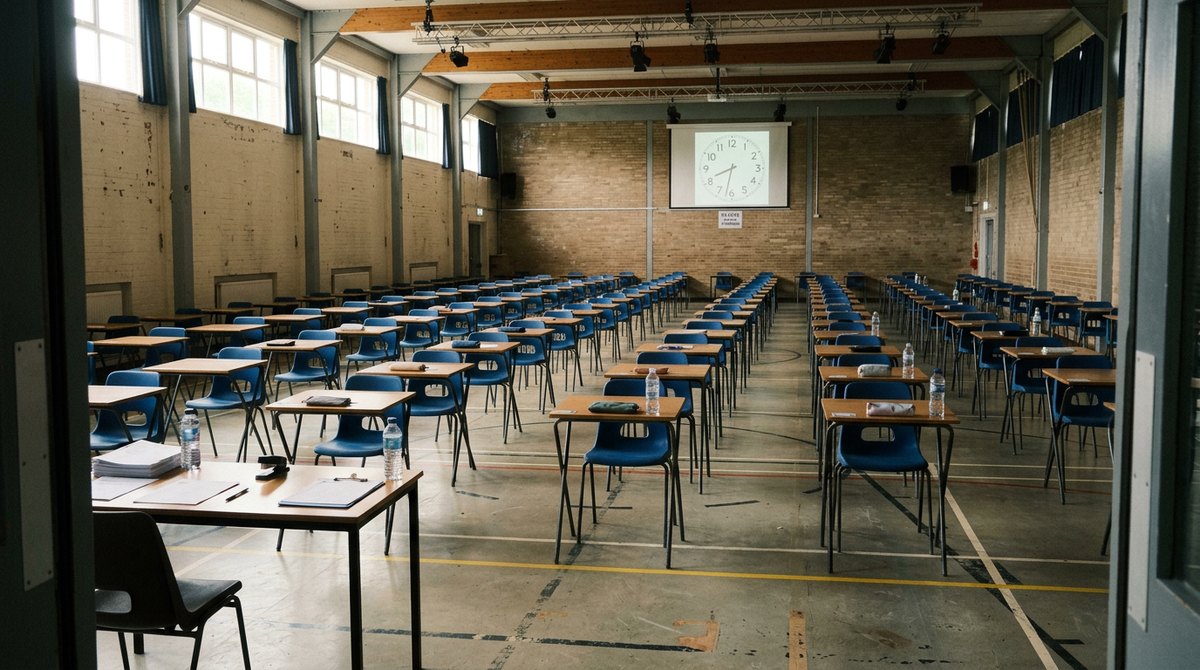 A school sports hall set out with rows of exam desks, where private candidates sit their GCSE Sociology papers