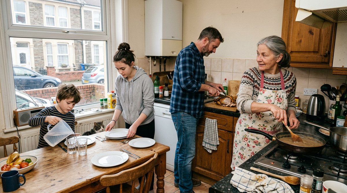 Three generations of a family cooking Sunday dinner together, the kind of family life studied in GCSE Sociology