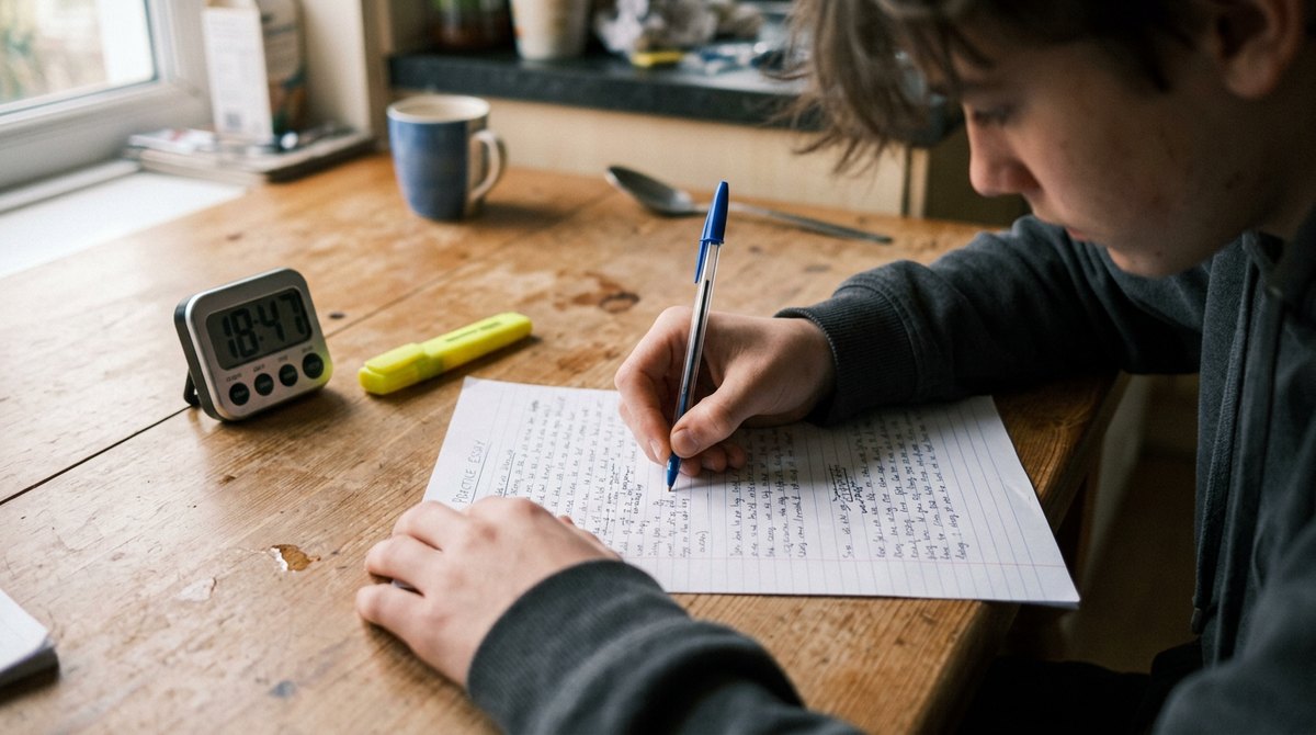 A student writing a timed 12-mark GCSE Sociology practice answer at a kitchen table