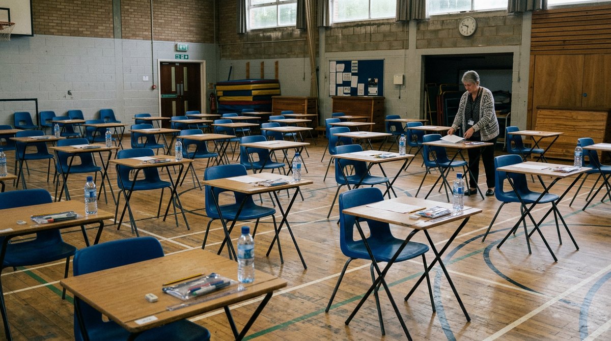 A school sports hall set out with exam desks, where home educated students sit GCSEs as private candidates