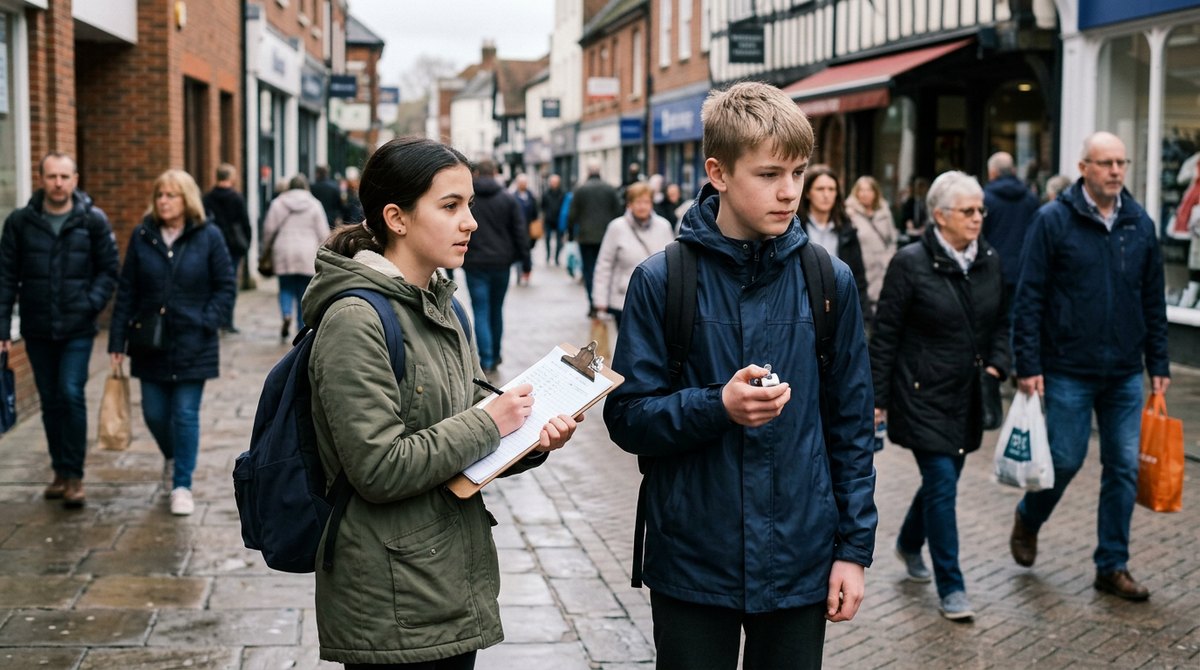 Two GCSE students doing a geography pedestrian count on a town high street