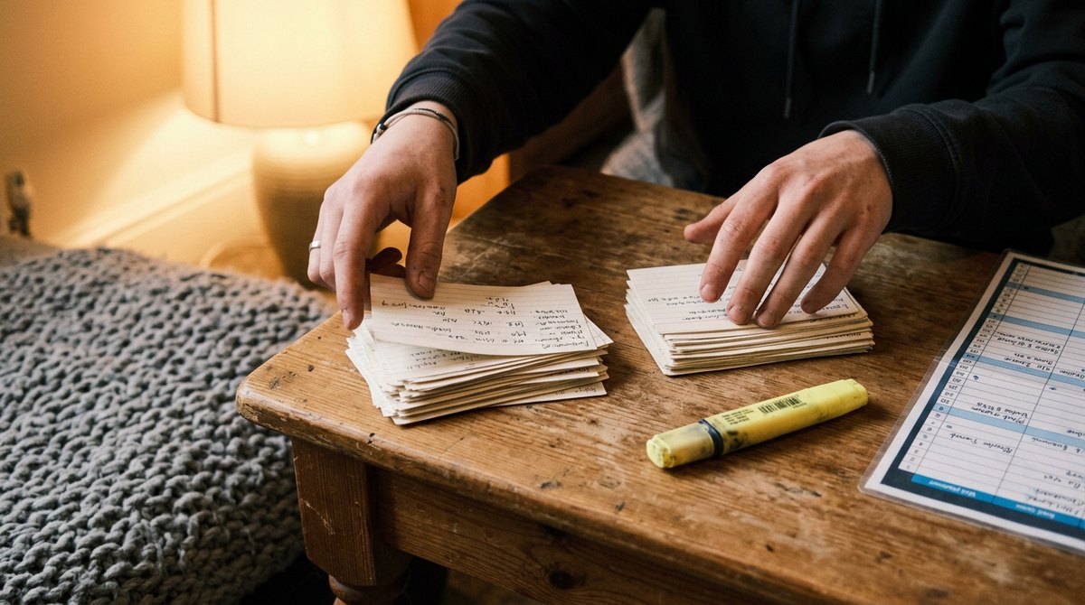 A home schooled student sorting handwritten GCSE revision cards into known and not yet known piles