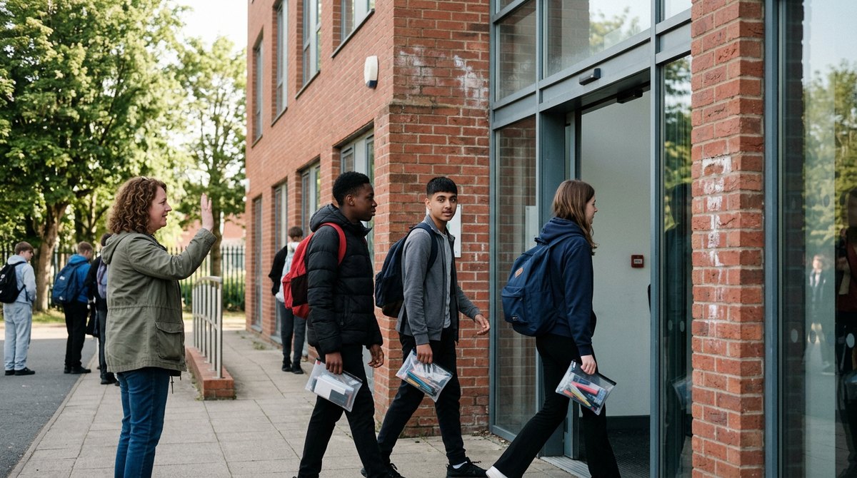 Teenagers arriving at a college exam centre where private candidates sit their GCSE exams