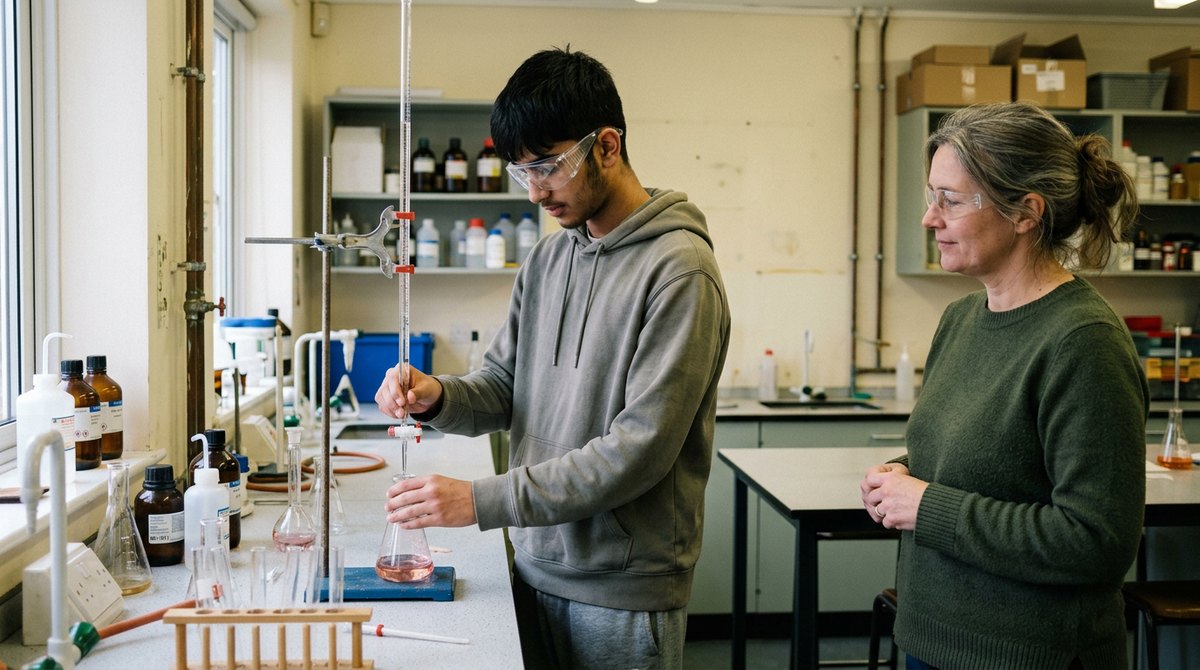 A home educated teenager in his own clothes doing a titration practical at a private exam centre lab, watched by a technician