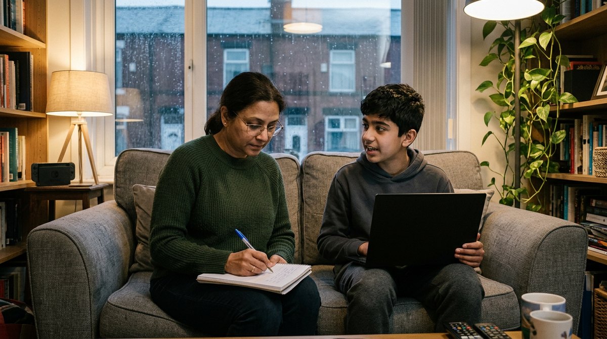 A parent and her son on the sofa working out how much his GCSEs will cost