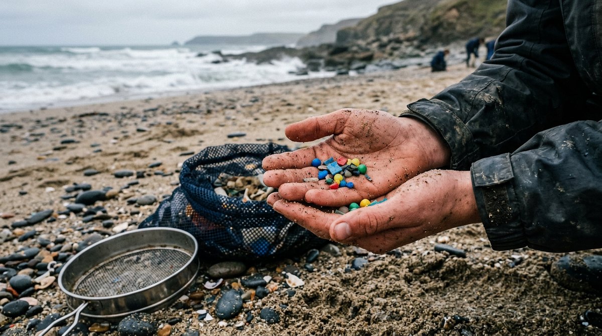 Hands holding small pieces of plastic picked out of the sand during a beach clean in Cornwall
