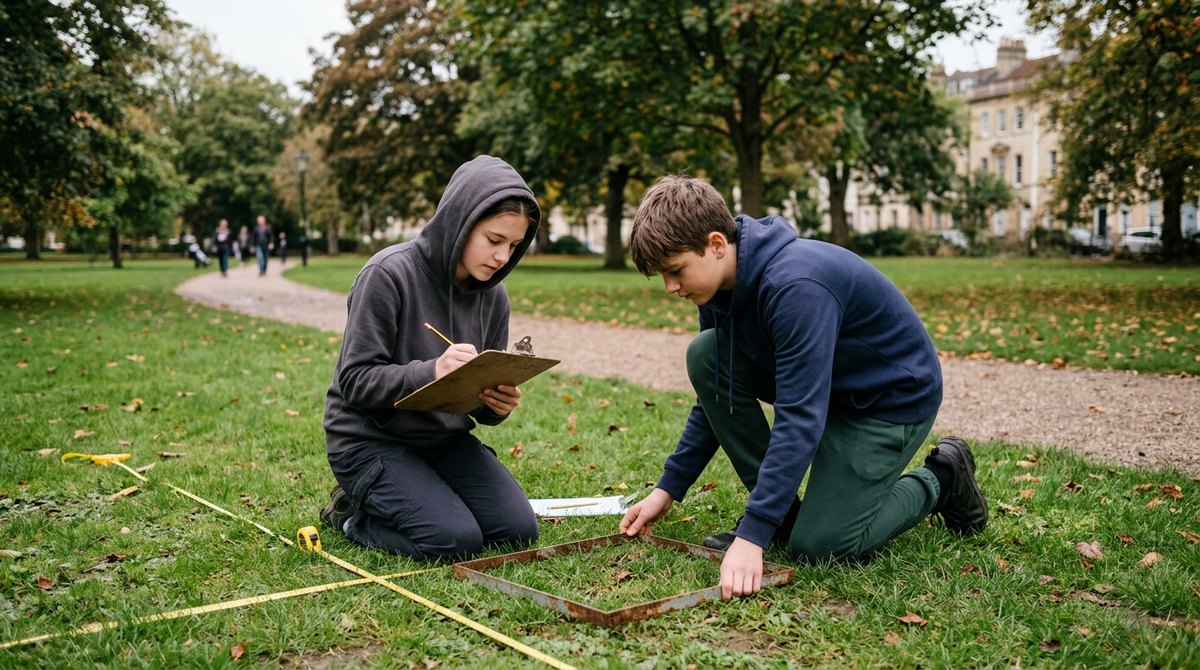 Two students placing a quadrat on a park lawn beside a tape transect, fieldwork for IGCSE Environmental Management
