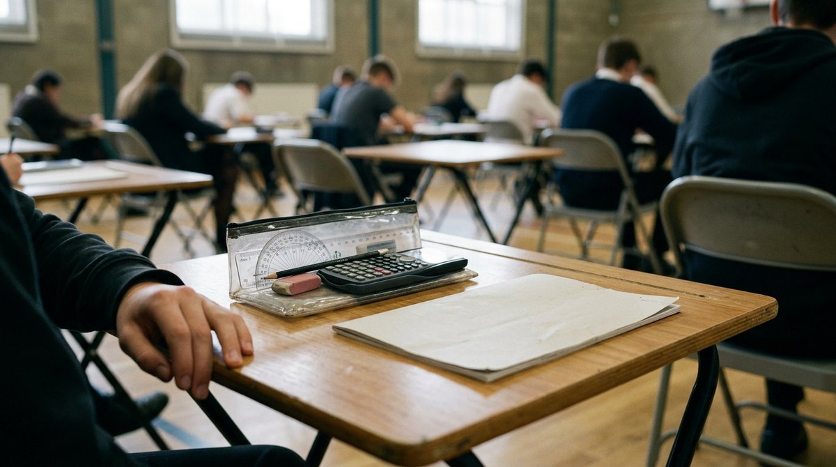 An exam desk with a pencil case holding a ruler, protractor, eraser and calculator for the IGCSE Geography exam