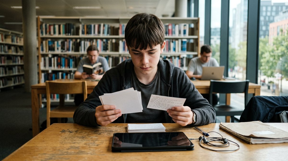 A student revising IGCSE Geography with flash cards and a tablet in a public library