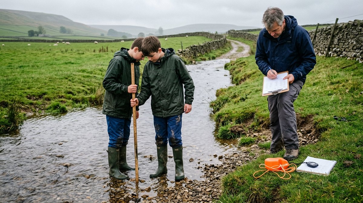 Two students measuring the depth of a shallow stream while a parent records the data on a clipboard