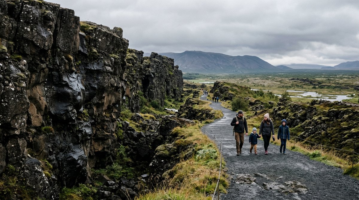 Visitors walking through the Thingvellir rift valley in Iceland, where two tectonic plates pull apart