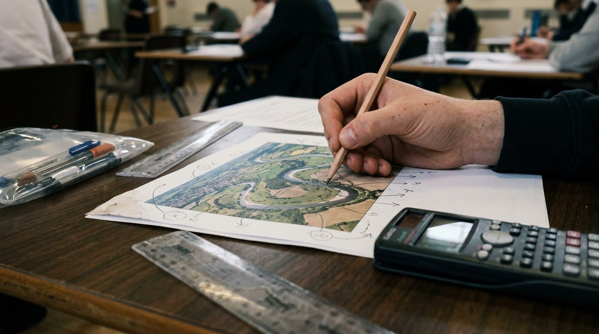 A student annotating an aerial photo of a river valley in an IGCSE Geography exam